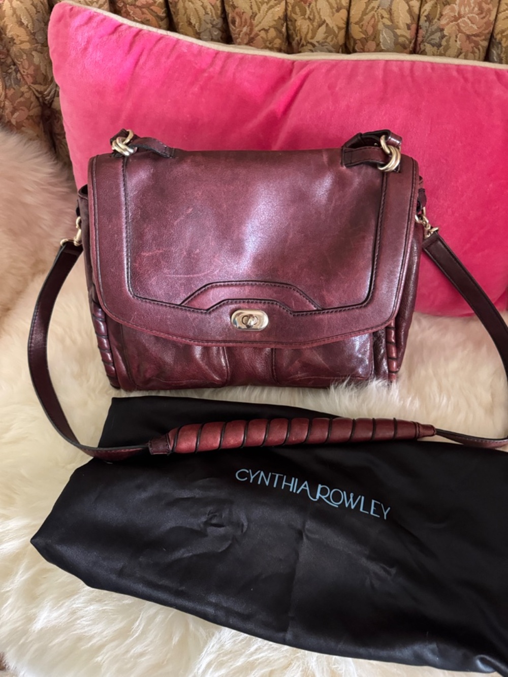 Cynthia Rowley Burgundy Distressed Messenger Flap Bag Top Handle Crossbody purse - Picture 15 of 15